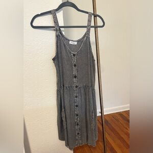 Daisy Island Washed Gray Button Front Pocket Dress | Sleeveless | Boho